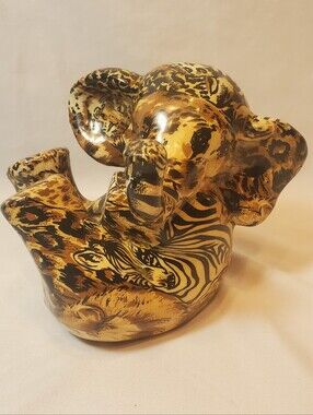 La Vie Vintage Hand-Painted Ceramic Elephant Sculpture Gold and Black Patchwork